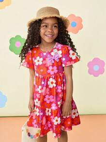Young Girl Ditsy Floral Fitted Round Neck Casual Knit Dress - Multicolor - View 5