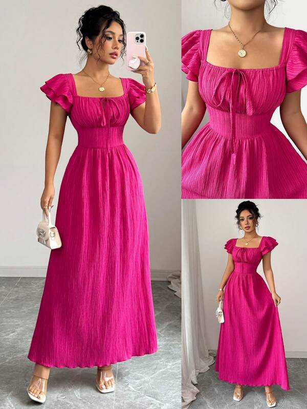 Elenzga New Square Neck Layered Ruffle Sleeve Bow Front Tie Back Design Fashionable Young Lady Casual Fitted Waist Slimming Elegant Women Dress
