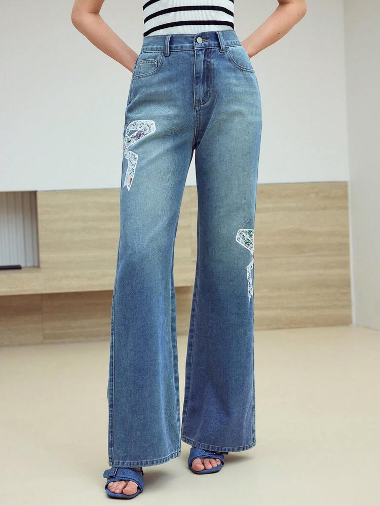 MOTF STUDIO BOW EMBROIDERY WASHED FLARE LEG JEANS