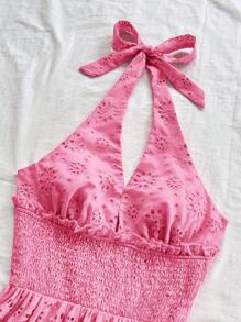 Soleia 女士白色编织刺绣纹理 V 领系带前 A 字迷你连衣裙，适合婚礼、派对、下午茶 - 玫紅色 - 查看 3