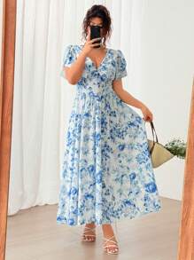 Flirla Vestido de vacaciones de primavera con cuello cuadrado, volantes, cintura ajustada, mangas abullonadas y falda con vuelo y varios niveles, con estampado floral impresionista colorido
