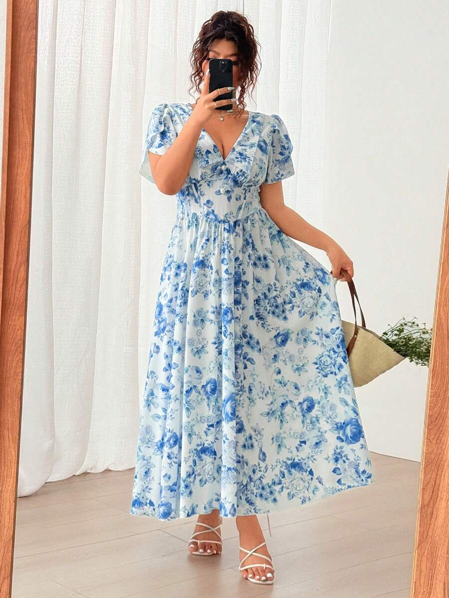 Flirla Vestido de vacaciones de primavera con cuello cuadrado, volantes, cintura ajustada, mangas abullonadas y falda con vuelo y varios niveles, con estampado floral impresionista colorido