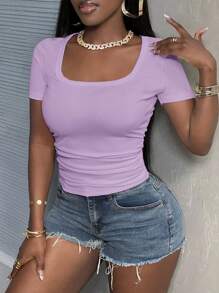 Slaydiva 基本款休闲简约 V 领短袖修身侧褶罗纹弹力白色 T 恤女款夏季 - 淡紫色 - 查看 7