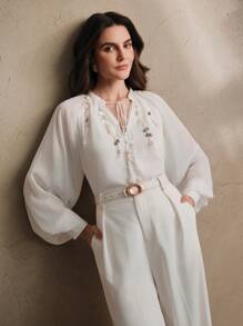 Anewsta Women's New White Chiffon Pearl Studded Long Sleeve Blouse, Spring/Summer - White - View 4