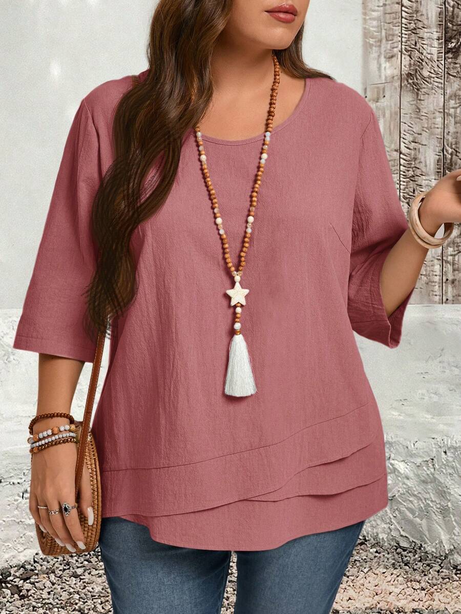 EMERY ROSE Plus Size Asymmetric Hem Grey Pink Country Shirts Fall Clothes - Redwood - View 1