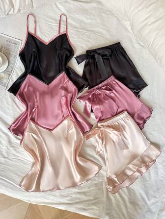 LuxeNights 3-teiliges Schlafanzug-Set aus Kontrastfarben-Rüschen-Besatz und Faux-Seide, Urlaub