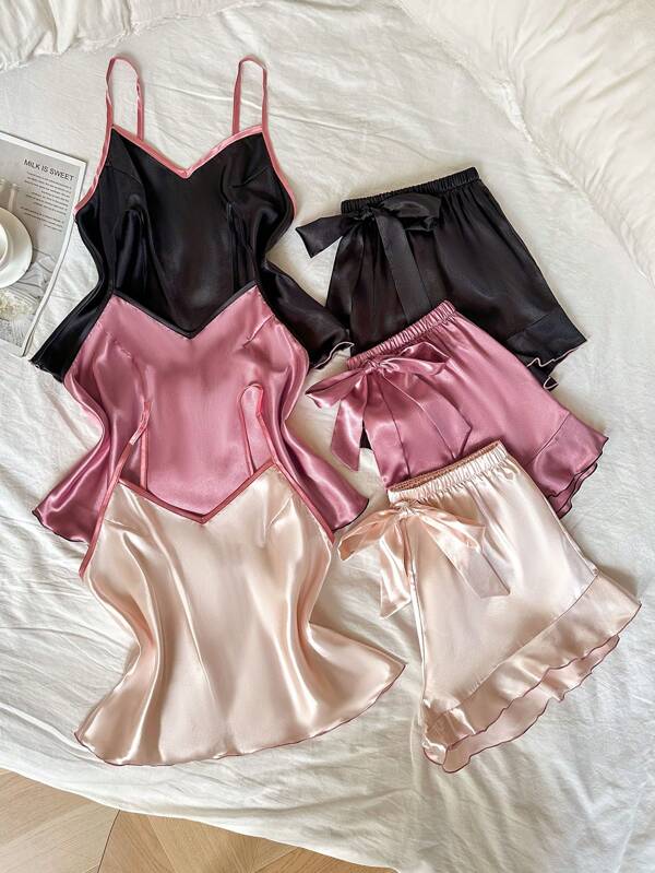 LuxeNights 3pcs Contrast Color Ruffle Trim Faux Silk Pajama Set ,Vacation