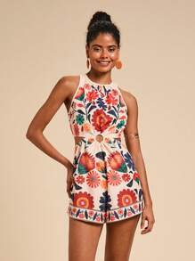 Travachic Woven Print Waist Cutout Off Shoulder Romper For Women,Summer Outfits For Women,Beachwear,Spring And Summer,Easter,Beach Outfits For Woman,Spring Break,Vacation Outfits Women,Concert Outfit Women,BOHO,Bohemia,Music Festival,Tropical Vacation Woman Clothes,Hot Selling Prints,4th Of July Outfits,Holiday Outfits - Khaki - View 1