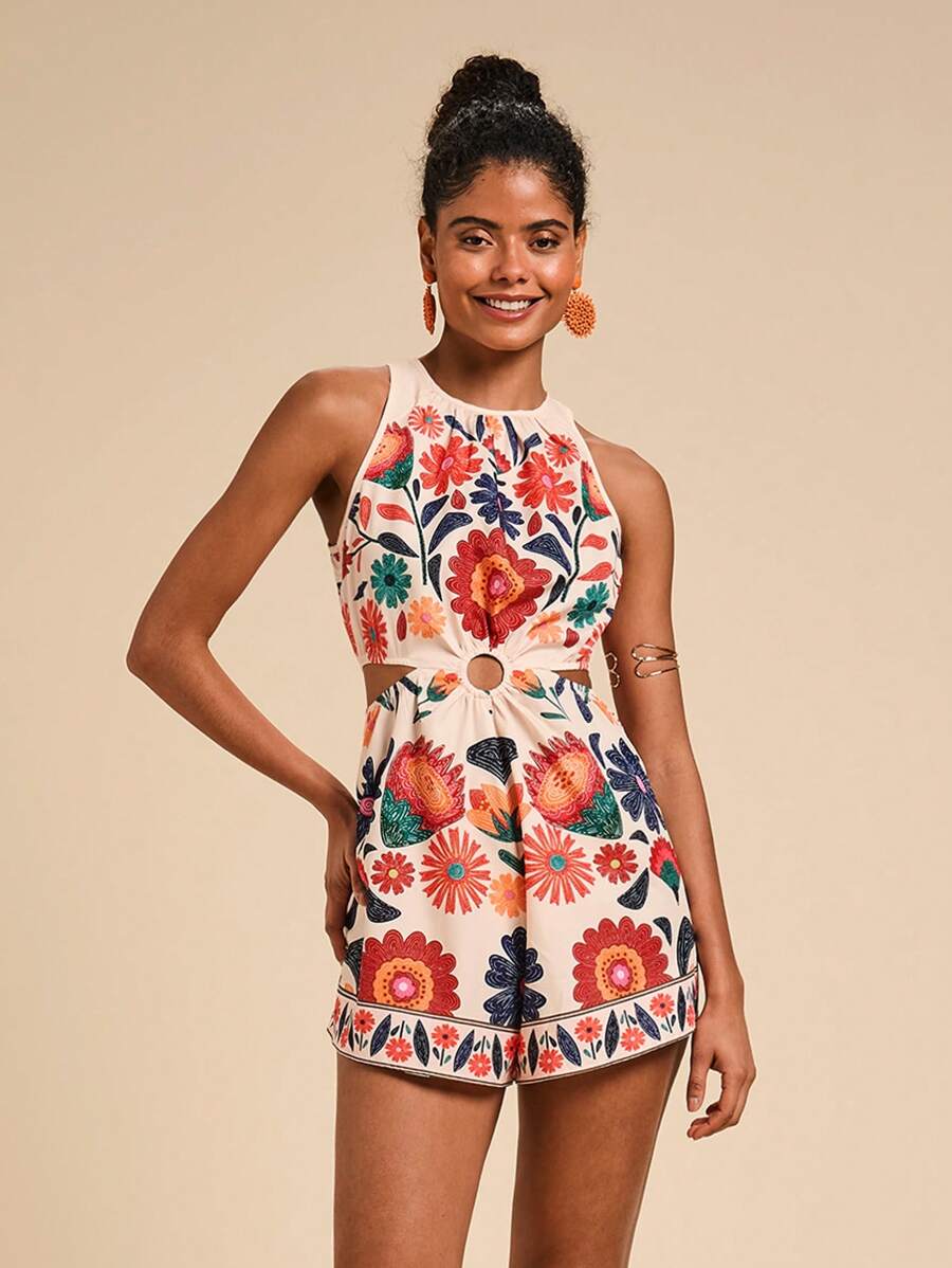 Travachic Woven Print Waist Cutout Off Shoulder Romper For Women,Summer Outfits For Women,Beachwear,Spring And Summer,Easter,Beach Outfits For Woman,Spring Break,Vacation Outfits Women,Concert Outfit Women,BOHO,Bohemia,Music Festival,Tropical Vacation Woman Clothes,Hot Selling Prints,4th Of July Outfits,Holiday Outfits - Khaki - View 1