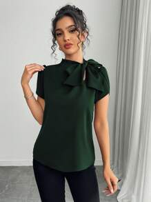 Rafferiza Women's Spring & Summer Casual Versatile Solid Color Bow Frill Cuff Shirt - Dark Green - View 4