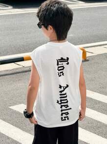 SHEIN Tween Boy Oversized Letter Graphic Sleeveless Loose Knit Tank Top, Suitable For Beach, Sport, Vacation, School - White - View 9