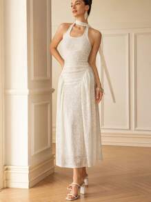 GENKIRA Váy hở vai cổ chữ U bằng vải lưới Jacquard màu trắng lãng mạn thanh lịch với thiết kế nhún eo, dáng ôm, váy xòe nhiều tầng, dây buộc cổ yếm, không tay - Màu be - Xem 4