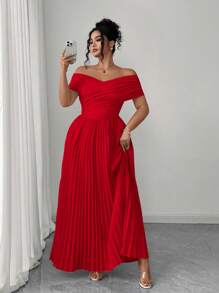 Elenzga Plus Size Women's Off Shoulder Ruched Waist Bandeau Romantic Elegant Graduation Dress, Summer Women Dresses Elegant Gown Women Summer Clothing Women Clothes Women Casual Dress Women Birthday Women Dresses Birthday - Red - View 4