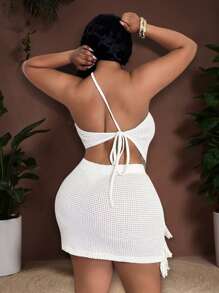 Slaydiva 2025 Summer New Music Festival, Easter, St. Patrick's Day, Western, Nomadic Style Dresses For Wedding, Birthday, Graduation, Student Wear, Casual, Vacation, Cruise Travel, Beach, Sunbathing, Popular Viral Designs, Spaghetti Strap, Sexy Backless, Tie, Fringe, Crochet, Mesh, Cream White, Plus Size 2pcs Set For Women - White - View 3