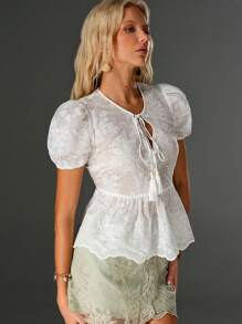 SHEIN Unity White Embroidery & Beaded Decor V-Neck Casual Summer Shirt For Women - White - View 5