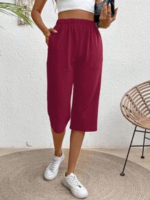 EMERY ROSE 女式纯色口袋松紧腰休闲七分裤 - 酒紅色 - 查看 4