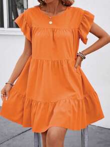 Breezaya Đầm babydoll rộng rãi cổ tròn màu trơn mùa hè cho nữ có viền bèo nhún trang phục đi biển - trái cam - Xem 4