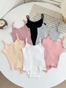 SHEIN LMoss Kids 6pcs/Set Newborn Baby Girls' Cute Casual Solid Color Knit Sleeveless Bodysuit, Summer - Multicolor - View 6