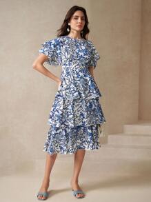 Amorya Kleid mit Schmetterlingärmeln und Blume Muster