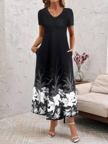 SHEIN Clasi Women's Elegant V-Neck Blue & White Floral Print Pocket Maxi Dress, Casual Vacation & Daily Wear, Spring/Summer,Dresses For Women Summer