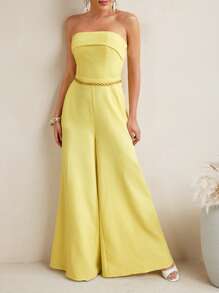 VIOLA AND VESPER Summer Pastel Butter Yellow Strapless Woven Wide-Leg Jumpsuit Women Casual Vacay Outfits