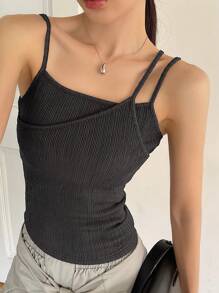 FRIFUL Áo hai dây không đối xứng ôm vừa vặn có gân màu trơn cho nữ - Xám - Xem 4