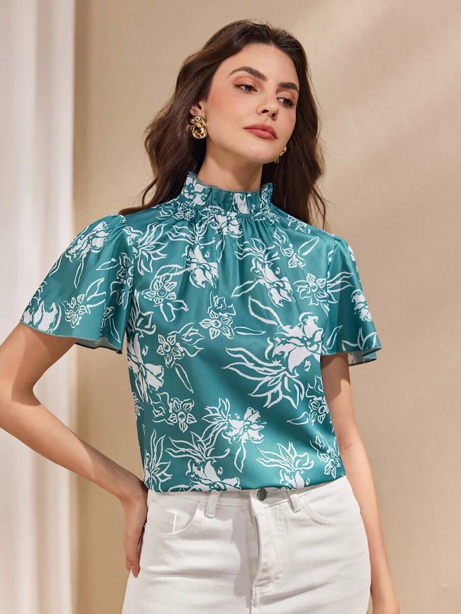 Chiquease Camisa casual de mujer con cuello mao, mangas abullonadas y estampado floral