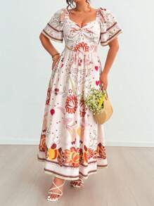 Flirla Plus Size Women Tropical Holiday Placement Print Twist Ruffle Flared Sleeve Dress - Multicolor - View 4