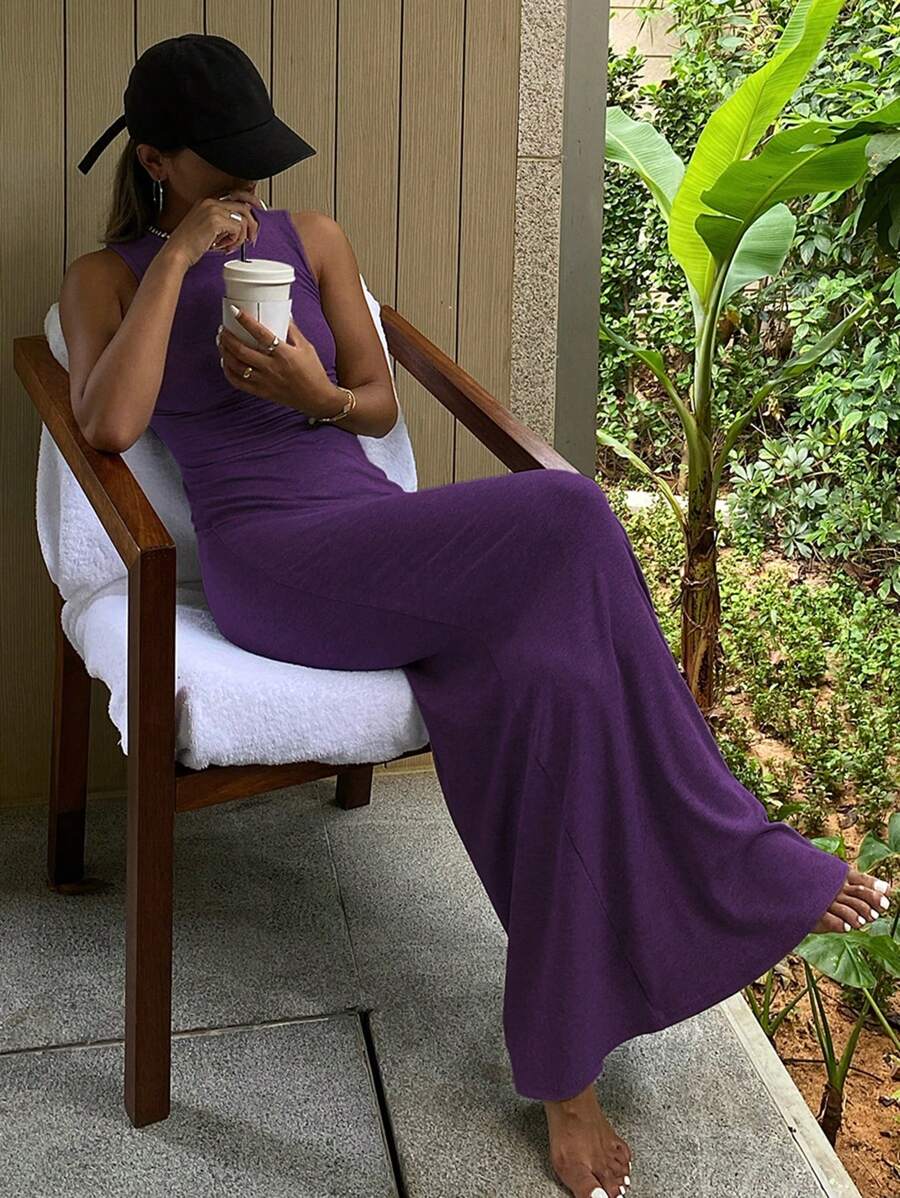 Livesso 女士夏季新款休闲海滩度假音乐节中长连衣裙，返校服装 - 紫色 - 查看 1