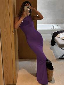 Livesso 女士夏季新款休闲海滩度假音乐节中长连衣裙，返校服装 - 紫色 - 查看 2