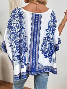 SHEIN LUNE Women Summer Knit Loose Printed Batwing Sleeve Scoop Neck Split Casual T-Shirt - Multicolor - View 2