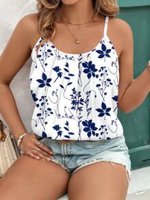 EMERY ROSE 休闲优雅藏蓝色和白色碎花大码女式背心/上衣，适合夏季外出穿着 - 藍白色 - 查看 5