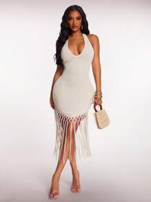 Radiana Women's Summer Boho Apricot Crochet Tasseled Hem Flowy Dress, Holiday/Beach Outfit White Fringe Dress Tassel Dress White Mesh Dress,Boho Clothes Women Crochet Cover Up Dress Summer Dress Fringe Cover Up Dress - Apricot - View 5