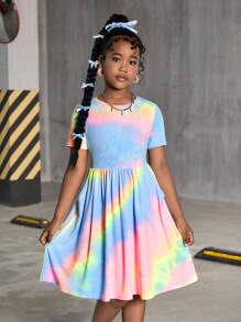 SHEIN Leap Crew Tween Girls Tie-Dye Printed Knit Casual Everyday Dress, Versatile For Street, Vacation, And Any Occasion - Multicolor - View 4