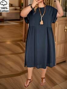 SHEIN CURVE+ Plus Size 100% Cotton Peter Pan Collar Short Sleeve Dress, Blue, Vacation, Curve Plus, Boho Vacation Beach Outfits For Woman/Beach Dress/Beach Vacation Outfits/Beach Essentials / Graduation/Tea Party Dress Summer/Country/Beach Vacation Outfits/Beach Outfits/Beach Wear - Blue - View 1