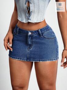 SHEIN PETITE Women's Fashionable Denim Mini Skirt, Suitable For Summer