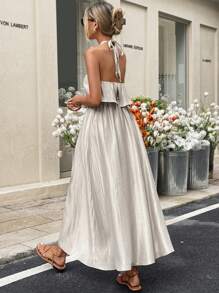 SHEIN Essnce Vestido de cuello halter sin mangas con corte hueco y cintura alta de unicolor - Albaricoque - Ver 6