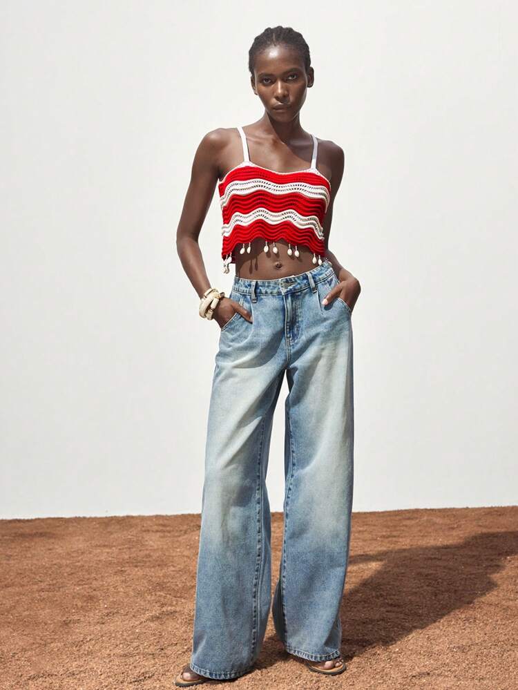 SHEIN Maija 2025 Summer New Red & White Contrast Wave Crochet Hem Shell Tassel Design Ladies Vest Top, Elegant For Commuting, Daily, Romantic, Casual, Beach, Party, Wedding Guest, Music Festival, Independence Day, Graduation