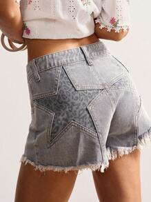Bohemela 女式豹纹流苏下摆休闲梭织牛仔短裤 - 灰色 - 查看 1