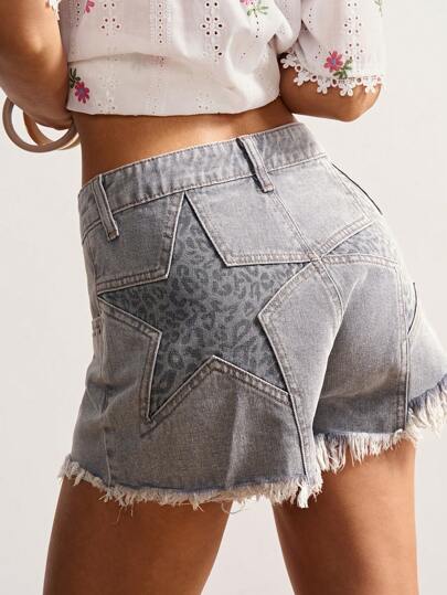 Bohemela Women's Leopard Print Fringe Hem Casual Woven Denim Shorts,High Waisted Shorts