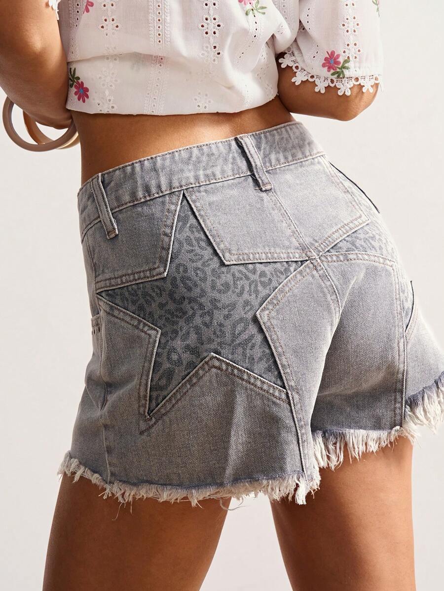 Bohemela 女式豹纹流苏下摆休闲梭织牛仔短裤 - 灰色 - 查看 1