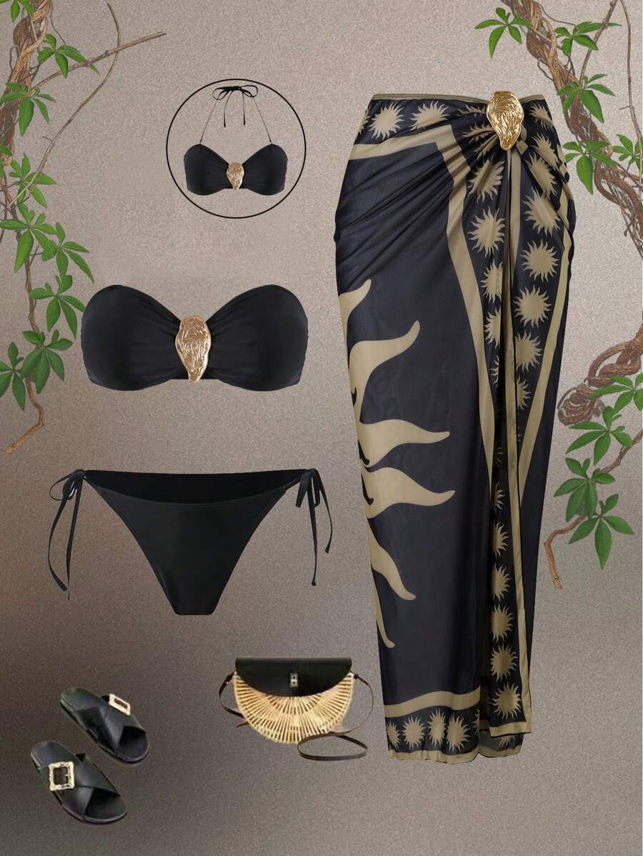 Swim Oasis 3pcs/Set 2025 New Design Women Swimsuit, Printed Bra With Mesh Maxi Dress Beachwear Casual Swimwear Set, Summer