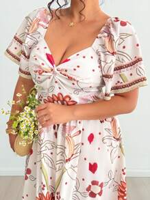 Flirla Plus Size Women Tropical Holiday Placement Print Twist Ruffle Flared Sleeve Dress - Multicolor - View 1