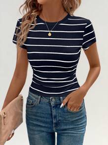 SHEIN LUNE 女式运动休闲褶皱腰黑白条纹圆领运动T恤