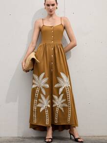 SHEIN Privé Vestido ajustado y evasé con un solo pecho, sin mangas, de punto de bambú marrón con detalles bordados de palmeras y fruncido en la cintura, estilo playa - Multicolor - Ver 6