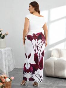 Modelyn Damen Große Größen elegantes 3D-schräge Schulter Top und körperbetonter Rock 1 Stück bedruckter Strickkombi 2 Teile Set - Rot-Weiß - Übersicht 2