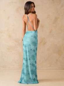 SHEIN BAE Đầm bó sát hở lưng màu xanh trơn, Đầm dự tiệc thanh lịch trên bãi biển, Đầm dài hở lưng, Xuân/Hè - Màu xanh lam - Xem 2