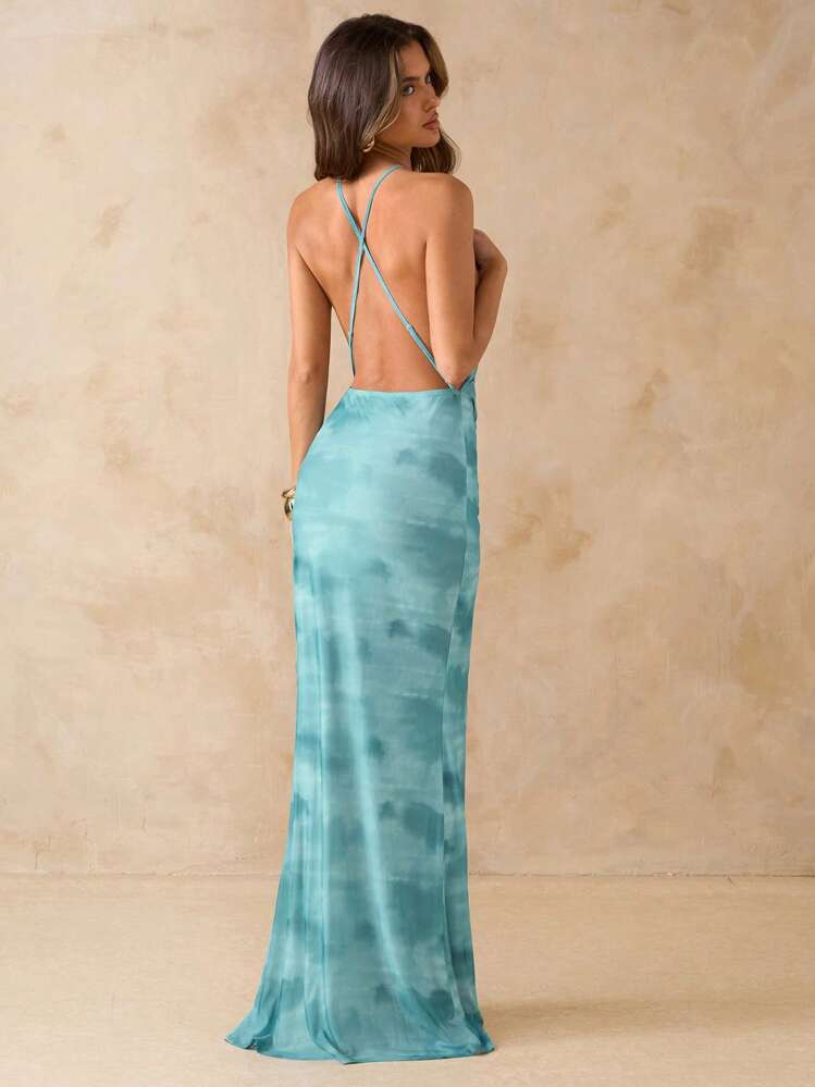 SHEIN BAE Solid Blue Color Backless Spaghetti Strap Bodycon Dress, Elegant Beach Holiday Dress, Backless Long Dress, Spring/Summer,Bohemian Clothes,Bodycon Dress - Blue - View 2