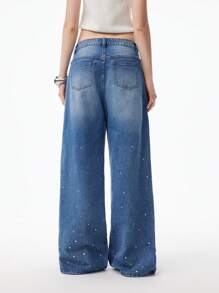 LYSMO Women Casual Acid Wash Rhinestone Decor Low Rise Flare Jeans - Blue - View 2