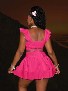 Slaydiva Asymmetrical Neck Sleeveless Pleated Cropped Top With Layered Ruffle Hem Mini Skirt Co-Ord Set Y2k - Hot Pink - View 2
